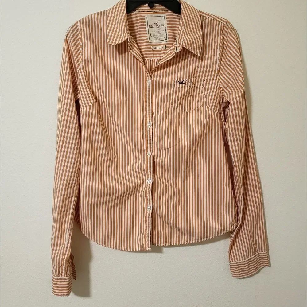 Hollister stretch botton down orange striped casual shirt Women size